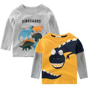 ROWEY Boys 2-Pack Dinosaur Long Sleeve T-Shirt 100% Cotton Toddler Tops Tee in Saudi Arabia