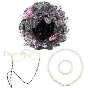 URATOT 5 Pieces 100 Days of School Old Lady Wig Costume Set Grandma Wig with Hair Rollers Glasses Chain Necklace Bracelet