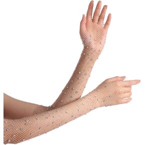 Women Rhinestone Fishnet Long Gloves Mesh Sparkly Glitter Fashion Opera Gloves For Party Halloween Costumes Accessories