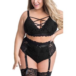 EVELUST Plus Size Lingerie for Women - Sexy Luxe Criss-cross Bra Lace Cup Classic Underwear High Waisted Suspender Set