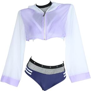 haikyuu Women Anime Derivative Bikini Set with Cover Up Jacket Halter Mesh Top and Shorts Two Piece Bathing Suit in Kuwait
