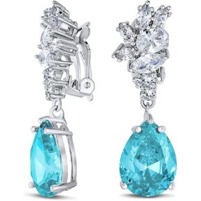 Vintage Style Simulated Gemstone Cubic Zirconia AAA CZ Statement Dangle Leaf Teardrop Formal Chandelier Clip On Earrings Wedding Prom Silver Plated