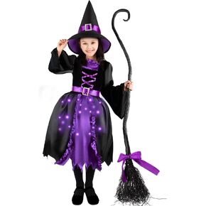 زي فستان الساحرة المضيء من Kiddokids مع مكنسة وقبعة للفتيات في مسابقة أزياء الهالوين التنكرية اللطيفة in Kuwait