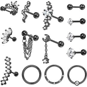 Jstyle 14Pcs Stainless Steel Stud Earrings Set for Women Men Star Moon Snake 16G Cartilage Earrings Set Hypollergenic Screw Back Earrings Helix Piercing Jewelry