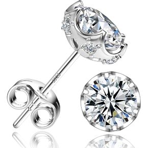 NEOSHOW 18K White Gold Plated Round Cubic Zirconia Simulated Diamond Stud Earrings Solid Sterling Silver Post 6 Prong Sparkly CZ Studs Earrings for Women Men