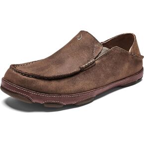 OLUKAI Moloa Men's Leather Slip On Shoes, Waxed Nubuck Leather & Soft Moisture-Wicking Lining, Drop-in Heel & All Weather Rubber Soles, Ray/Toffee, 15
