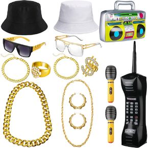 15 جهاز كمبيوتر شخصى 80s 90s الهيب هوب مجموعة زي، دلو قبعة قلادة النظارات الشمسية الدولار حلقة سوار الخيزران هوب الأقراط نفخ الهاتف المحمول راديو ميكروفون لمغني الراب الهيب هوب 80s 90s مخصص تأثيري in Kuwait