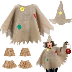 Ramede 6 Pcs Scarecrow Costume Set Include Scarecrow Hat Scarecrow Burlap Poncho Straw Wrist and Ankle Ties Scarecrow Costume Accessory for Women Men Halloween Thanksgiving Day Party in Kuwait