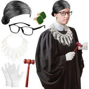 6 Pieces Halloween Party Women Wig Judge Cosplay Costume Accessory Includes Green Earring White Gloves Pearls Beads Necklace Judge Robe Collar Lady Gray Wig and Glasses Judge Wooden Courtroom Gavel in Saudi Arabia