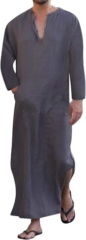 Jacansi الرجال الخامس الرقبة قصيرة الأكمام رداء الجانب سبليت قفطان القطن ثوب طويل ثوب S-3XL in Kuwait