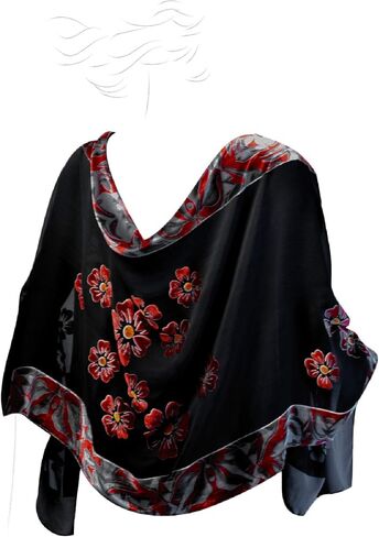 شال مخملي من Silk Base Burn-out ، الطول 180.48 سم x العرض 53.34 سم، زهرة أرجوانية، أحمر/أسود in Kuwait