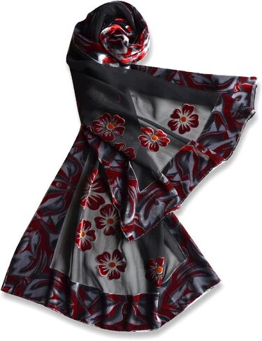 شال مخملي من Silk Base Burn-out ، الطول 180.48 سم x العرض 53.34 سم، زهرة أرجوانية، أحمر/أسود in Kuwait