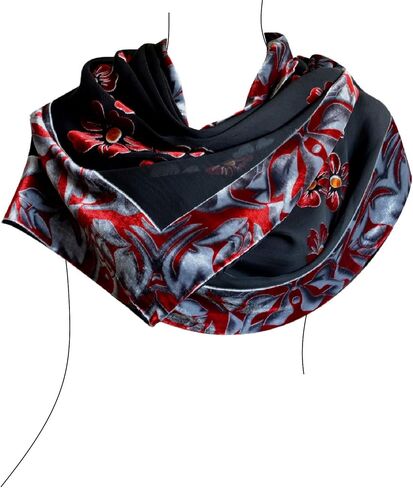 شال مخملي من Silk Base Burn-out ، الطول 180.48 سم x العرض 53.34 سم، زهرة أرجوانية، أحمر/أسود in Kuwait