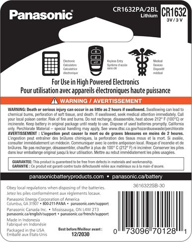 Panasonic CR1632 3.0 Volt Long Lasting Lithium Coin Cell Batteries in Child Resistant, Standards Based Packaging, 2-Battery Pack in Saudi Arabia