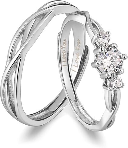 ANAZOZ I Love You His & Hers Matching Wedding Rings Adjustable CZ S925 Sterling Silver Rings for Couple in Kuwait