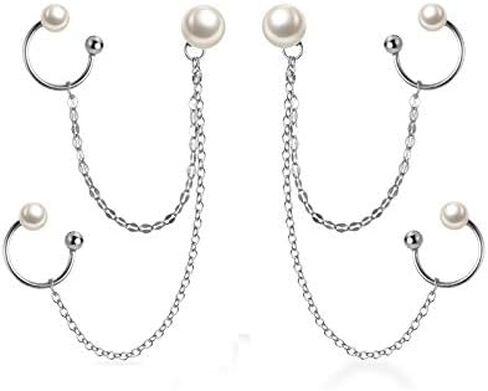 SLUYNZ 925 Sterling Silver Unique Double Cuff Earrings Chain for Women Teen Girls Shell Pearl Studs Earrings Pearl Cartilage Earrings in Saudi Arabia