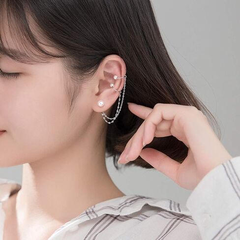 SLUYNZ 925 Sterling Silver Unique Double Cuff Earrings Chain for Women Teen Girls Shell Pearl Studs Earrings Pearl Cartilage Earrings in Saudi Arabia