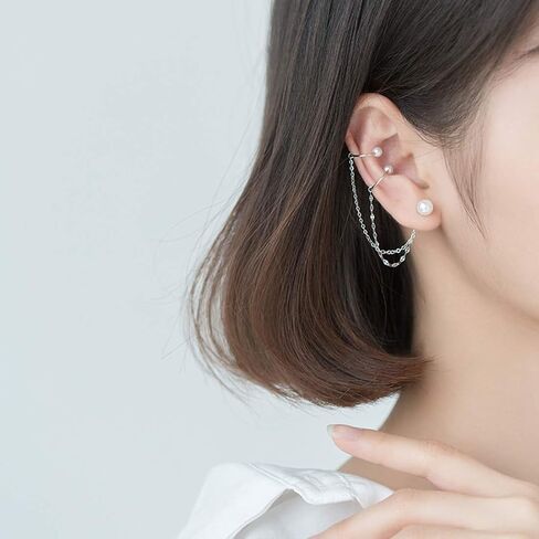SLUYNZ 925 Sterling Silver Unique Double Cuff Earrings Chain for Women Teen Girls Shell Pearl Studs Earrings Pearl Cartilage Earrings in Saudi Arabia