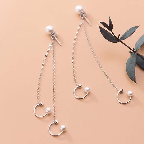 SLUYNZ 925 Sterling Silver Unique Double Cuff Earrings Chain for Women Teen Girls Shell Pearl Studs Earrings Pearl Cartilage Earrings in Saudi Arabia