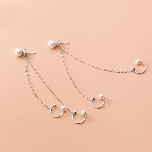 SLUYNZ 925 Sterling Silver Unique Double Cuff Earrings Chain for Women Teen Girls Shell Pearl Studs Earrings Pearl Cartilage Earrings in Saudi Arabia