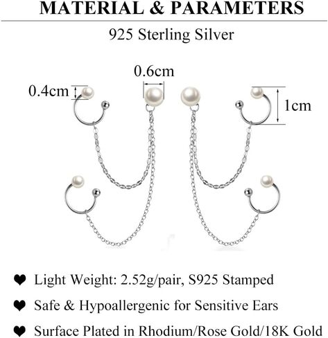 SLUYNZ 925 Sterling Silver Unique Double Cuff Earrings Chain for Women Teen Girls Shell Pearl Studs Earrings Pearl Cartilage Earrings in Saudi Arabia