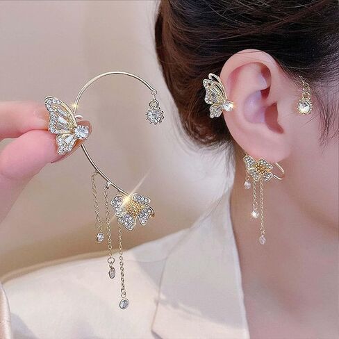 YRlilicc كريستال فراشة الأذن الأصفاد 2PCS غير مثقوب حجر الراين المتلألئ فراشة زهرة شرابة الأذن كليب أقراط الغضروف متسلق الأذن التفاف حفلة موسيقية الأذن مجوهرات للنساء (الذهب) in Kuwait