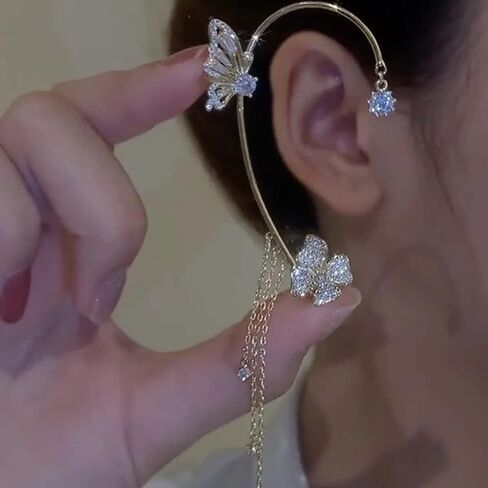 YRlilicc كريستال فراشة الأذن الأصفاد 2PCS غير مثقوب حجر الراين المتلألئ فراشة زهرة شرابة الأذن كليب أقراط الغضروف متسلق الأذن التفاف حفلة موسيقية الأذن مجوهرات للنساء (الذهب) in Kuwait