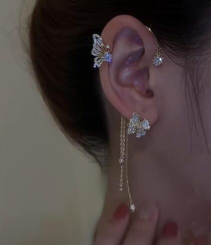 YRlilicc كريستال فراشة الأذن الأصفاد 2PCS غير مثقوب حجر الراين المتلألئ فراشة زهرة شرابة الأذن كليب أقراط الغضروف متسلق الأذن التفاف حفلة موسيقية الأذن مجوهرات للنساء (الذهب) in Kuwait