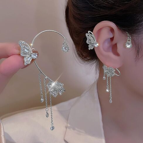 YRlilicc كريستال فراشة الأذن الأصفاد 2PCS غير مثقوبة حجر الراين المتلألئ فراشة زهرة شرابة الأذن كليب أقراط الغضروف متسلق الأذن التفاف حفلة موسيقية الأذن مجوهرات للنساء (الفضة) in Kuwait