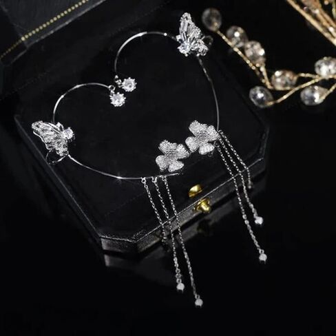 YRlilicc كريستال فراشة الأذن الأصفاد 2PCS غير مثقوبة حجر الراين المتلألئ فراشة زهرة شرابة الأذن كليب أقراط الغضروف متسلق الأذن التفاف حفلة موسيقية الأذن مجوهرات للنساء (الفضة) in Kuwait