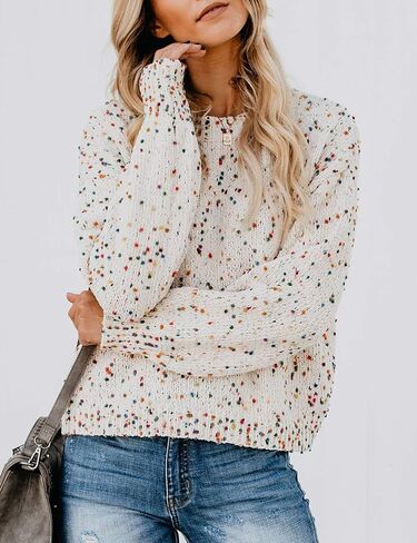 بلوفر نسائي من Relipop مصنوع من نسيج محبوك بياقة دائرية وأكمام طويلة وفضفاضة ملونة in Kuwait