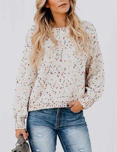 بلوفر نسائي من Relipop مصنوع من نسيج محبوك بياقة دائرية وأكمام طويلة وفضفاضة ملونة in Kuwait