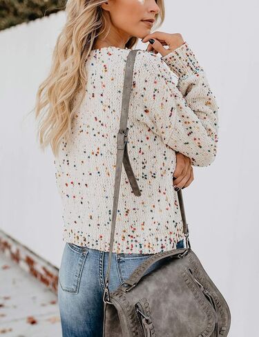 بلوفر نسائي من Relipop مصنوع من نسيج محبوك بياقة دائرية وأكمام طويلة وفضفاضة ملونة in Kuwait