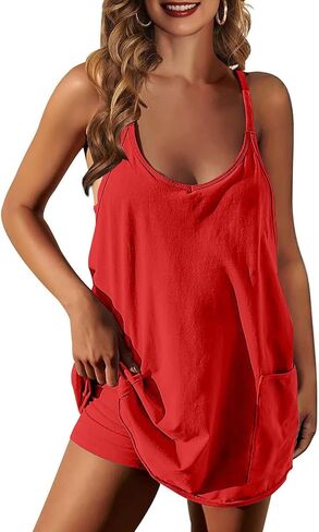 YOAKUKA بيجامة نسائية فضفاضة كاجوال فضفاضة بحزام سباغيتي وجيوب كبيرة الحجم رومبير مع شورت مدمج أحمر in Kuwait