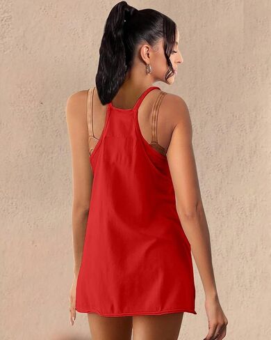 YOAKUKA بيجامة نسائية فضفاضة كاجوال فضفاضة بحزام سباغيتي وجيوب كبيرة الحجم رومبير مع شورت مدمج أحمر in Kuwait