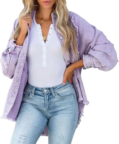 YUZIBAO Women's Oversized Denim Jacket Boyfriend Distressed Jean Jacket Button Up Frayed Hem Shacket in Kuwait
