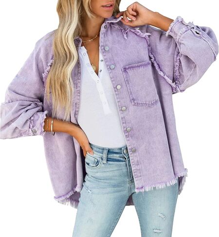 YUZIBAO Women's Oversized Denim Jacket Boyfriend Distressed Jean Jacket Button Up Frayed Hem Shacket in Kuwait