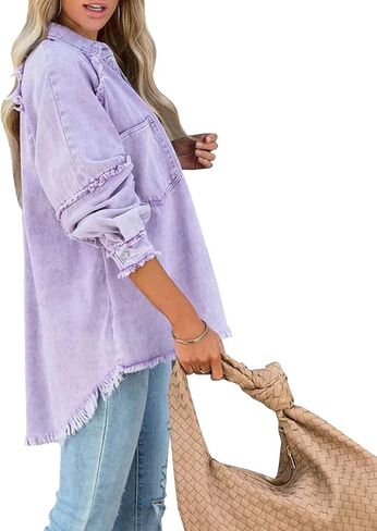 YUZIBAO Women's Oversized Denim Jacket Boyfriend Distressed Jean Jacket Button Up Frayed Hem Shacket in Kuwait