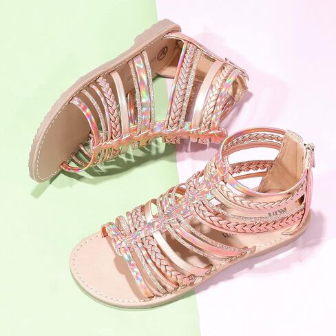 MIXIN Girls Gladiator Sandals Shimmer Strapped Summer Flat Open Toe Ankle Sandals with Heel Zipper for Little/Big Kids in Kuwait