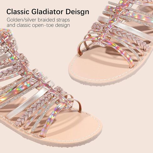 MIXIN Girls Gladiator Sandals Shimmer Strapped Summer Flat Open Toe Ankle Sandals with Heel Zipper for Little/Big Kids in Kuwait