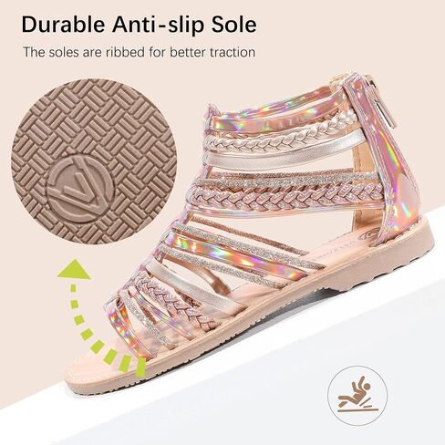 MIXIN Girls Gladiator Sandals Shimmer Strapped Summer Flat Open Toe Ankle Sandals with Heel Zipper for Little/Big Kids in Kuwait