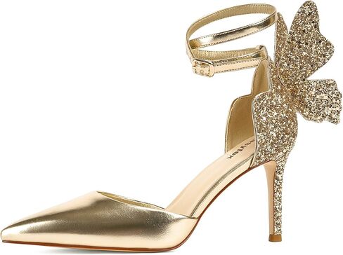 Easyfox فراشة عالية الكعب للنساء سباركلي عالية الكعب الكاحل حزام الصنادل خنجر إغلاق أشار تو مضخات فستان أحذية الزفاف in Kuwait