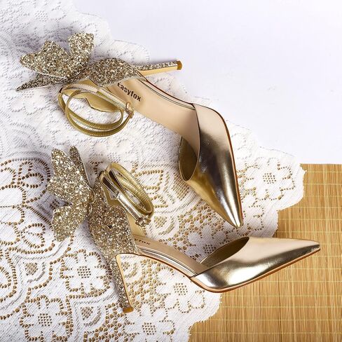 Easyfox فراشة عالية الكعب للنساء سباركلي عالية الكعب الكاحل حزام الصنادل خنجر إغلاق أشار تو مضخات فستان أحذية الزفاف in Kuwait