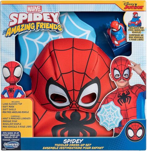 مجموعة ملابس Marvel الرسمية للأطفال الصغار - سترة علوية، قناع قماشي، ملحق درع الويب in Kuwait