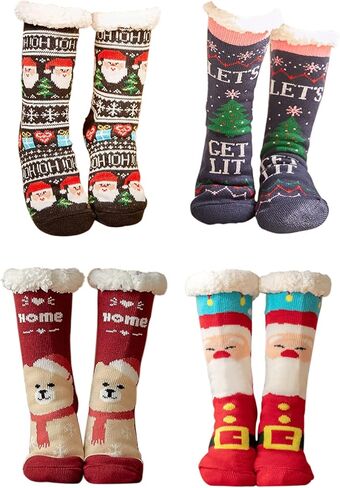 4 أزواج من جوارب عيد الميلاد المجيد من Gellwhu هدايا للنساء من قماش الشيربا المبطن السميك والدافئ وغير القابل للانزلاق للعطلات مع مقابض in Kuwait