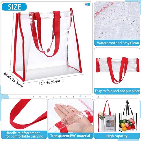 Abbylike 50 Pcs 12 x 12 x 6'' Clear Tote Bag Stadium Approved Plastic Tote Bag Large Clear Plastic Bags with Handles Transparent Women's Tote Handbags for Gyms Sports Schools Work Shopping Concerts in Saudi Arabia