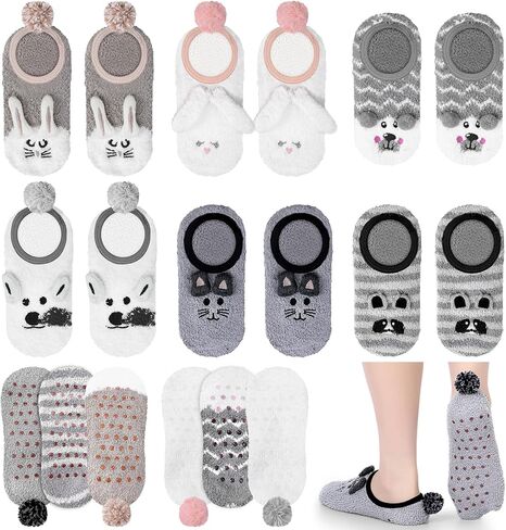 Suhine 6 Pairs Women's Slipper Socks Non Slip Fuzzy Slipper Socks with Grippers Animal Fuzzy Socks Grip Socks, One Size in Kuwait