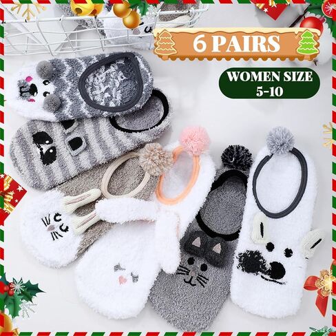 Suhine 6 Pairs Women's Slipper Socks Non Slip Fuzzy Slipper Socks with Grippers Animal Fuzzy Socks Grip Socks, One Size in Kuwait