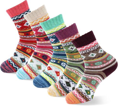 kissleaf Wool Socks for Women, 5 Pairs Winter Warm Thick Crew Knit Socks Vintage Cozy Soft Cute Nordic Cabin Gifts in Saudi Arabia