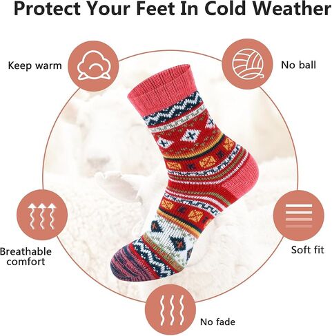 kissleaf Wool Socks for Women, 5 Pairs Winter Warm Thick Crew Knit Socks Vintage Cozy Soft Cute Nordic Cabin Gifts in Saudi Arabia